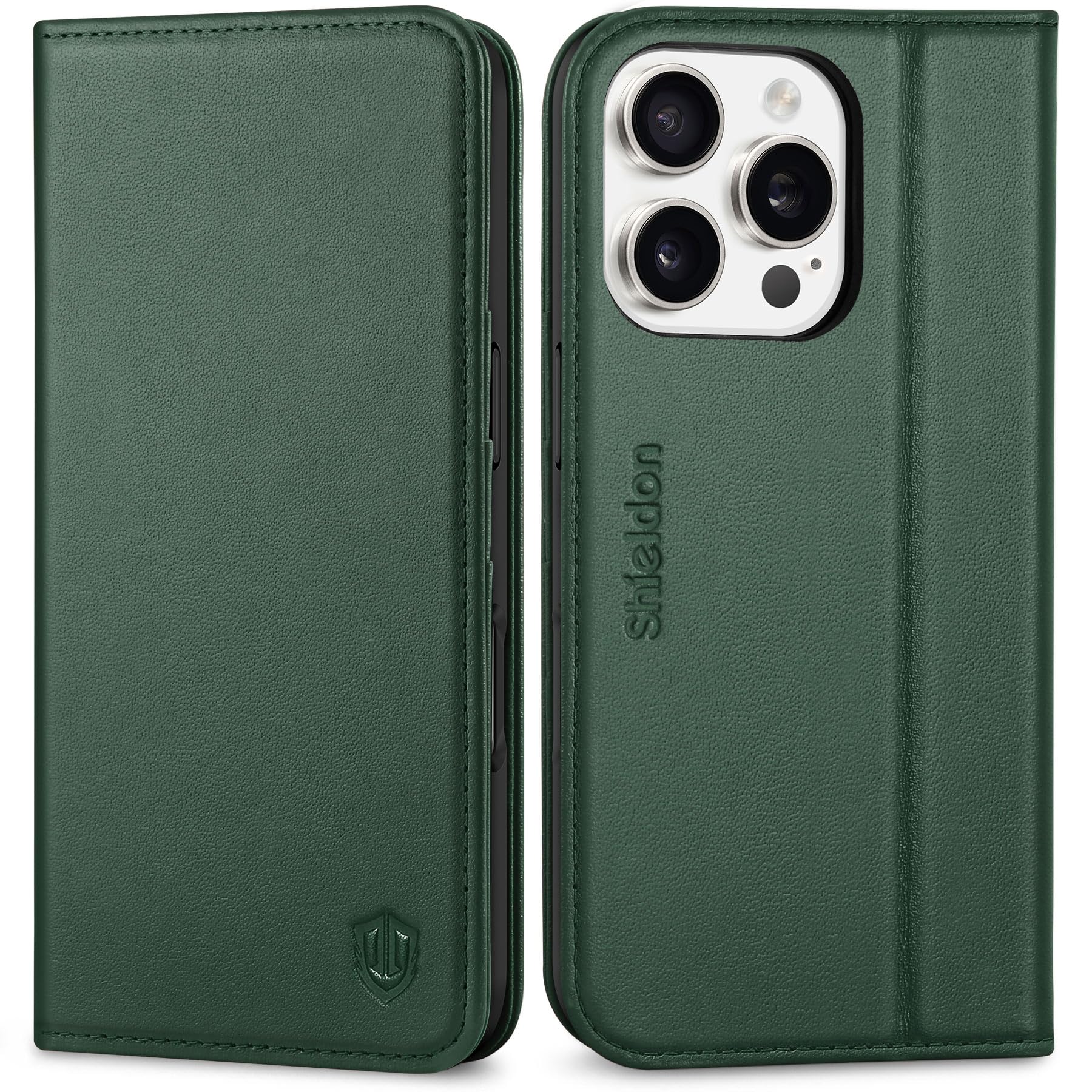 SHIELDON Case for iPhone 16 Pro 5G 6.3", Genuine Leather Protective Flip Case with [RFID Blocking][3 Card Slots][Kickstand] Magnetic Folding Phone Cover Compatible with iPhone 16 Pro - Evergreen