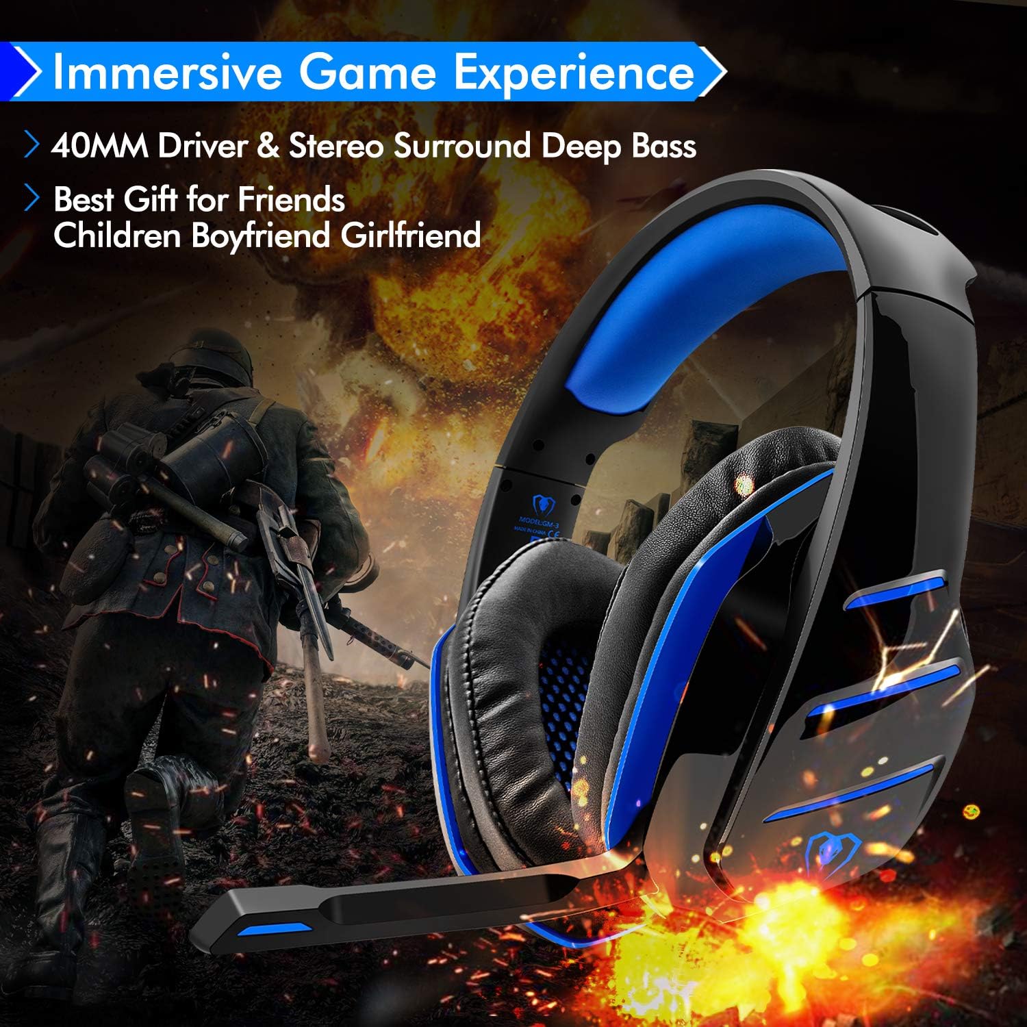PS4 Gaming Headset with Mic, Beexcellent Newest Deep Bass Stereo Sound Over Ear Headphone with Noise Isolation LED Light for PC Laptop Tablet Mac (Blue): Computers & Accessories