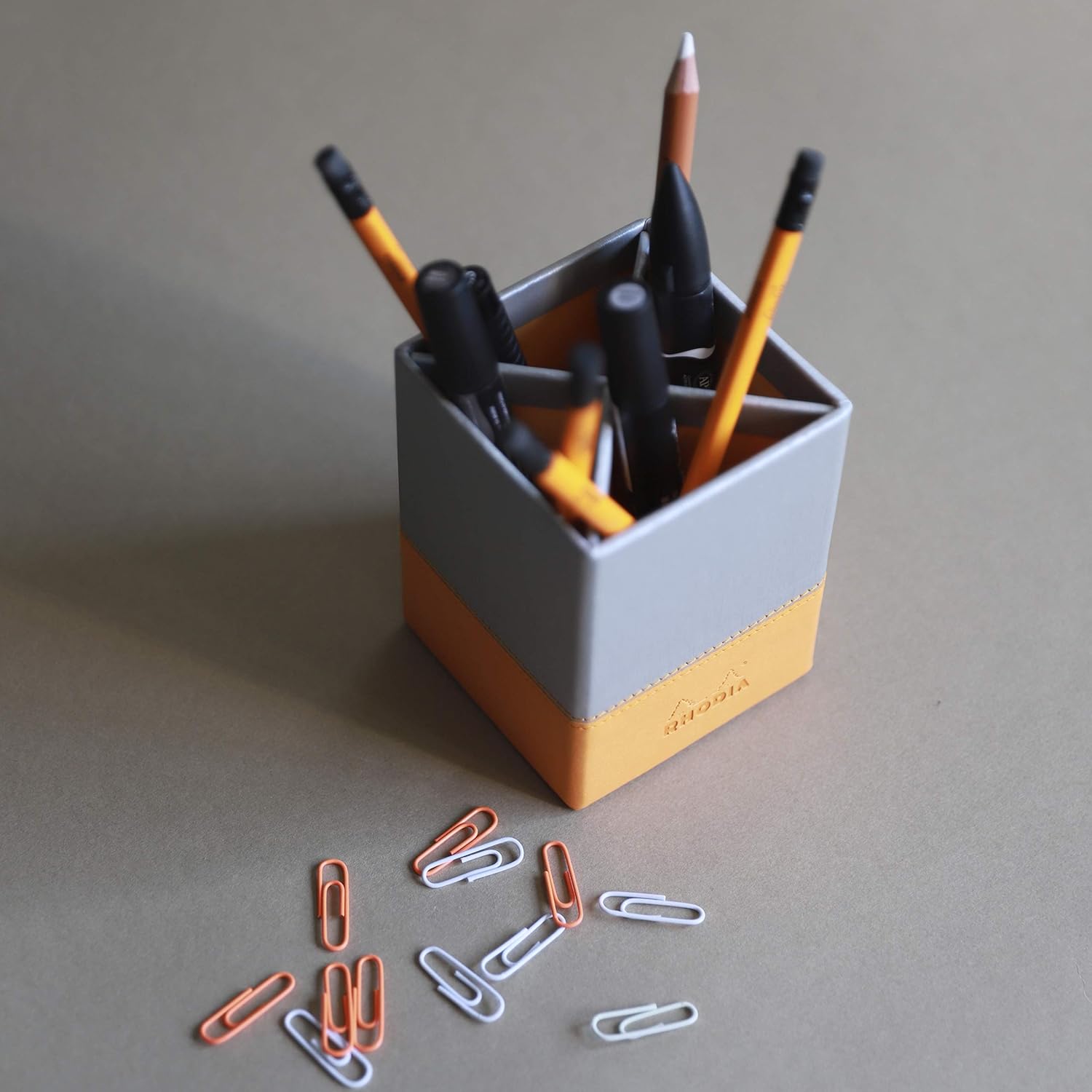 RHODIA 118816C, Black Pencil Holder, 8x8x11 cm, Orange Saddle Stitching, Faux Leather Exterior - Image 3