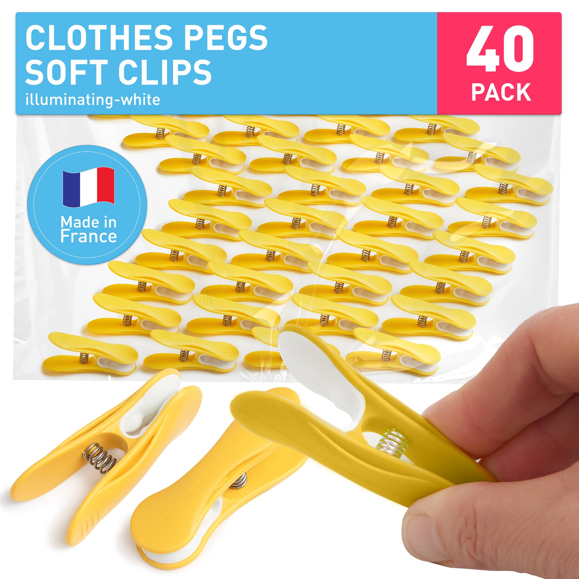 culiclean Clothes Pegs for Washing Line – Strong Soft Grip Washing Pegs Soft Clips – Durable Plastic Laundry Pegs for Indoor and Outdoor Use – Heavy Duty Clothes Clips – 40 Pack – illuminating-white