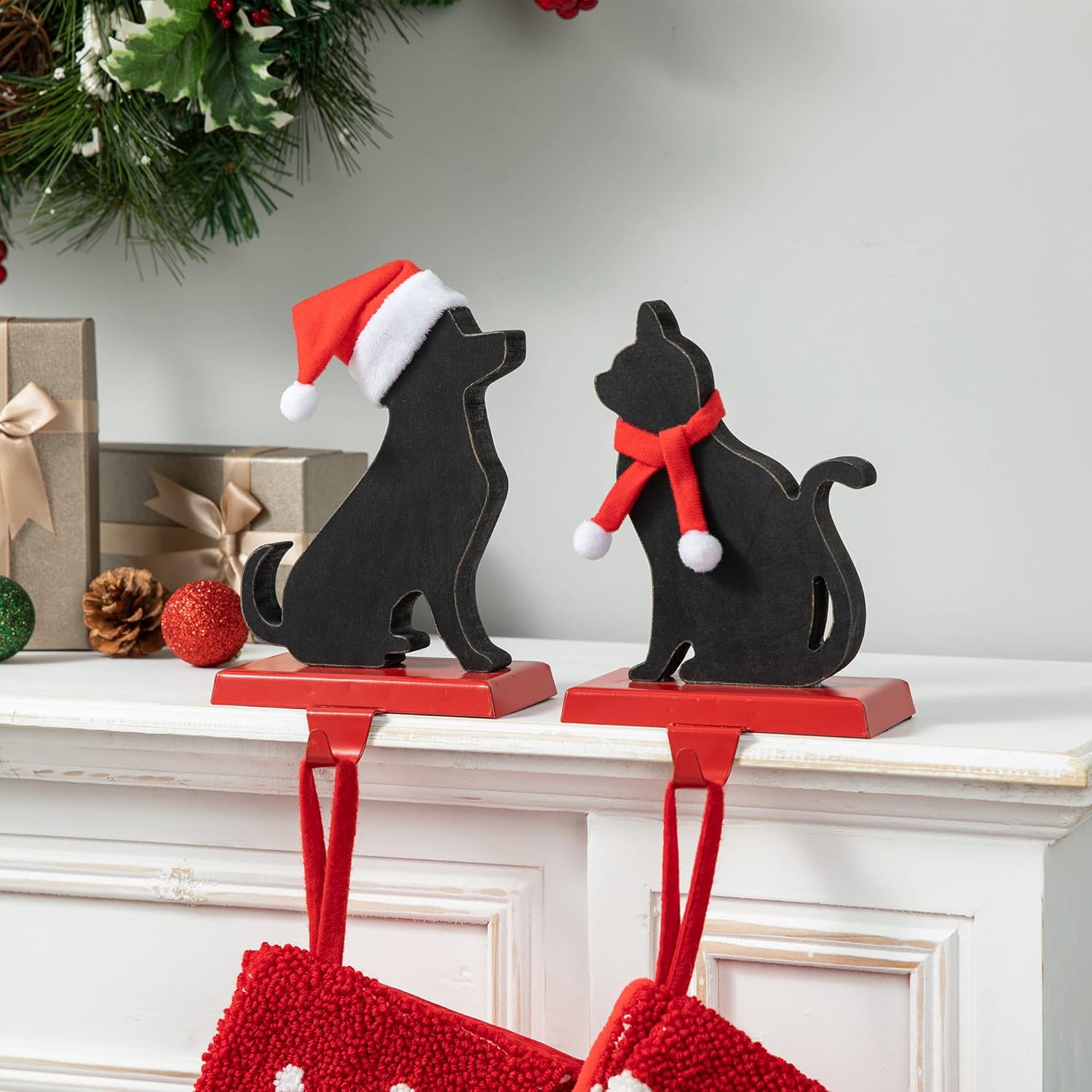 Stockings & Holders - glitzhome Set of 2 Metal Dog and Cat Christmas Stocking Holder,7