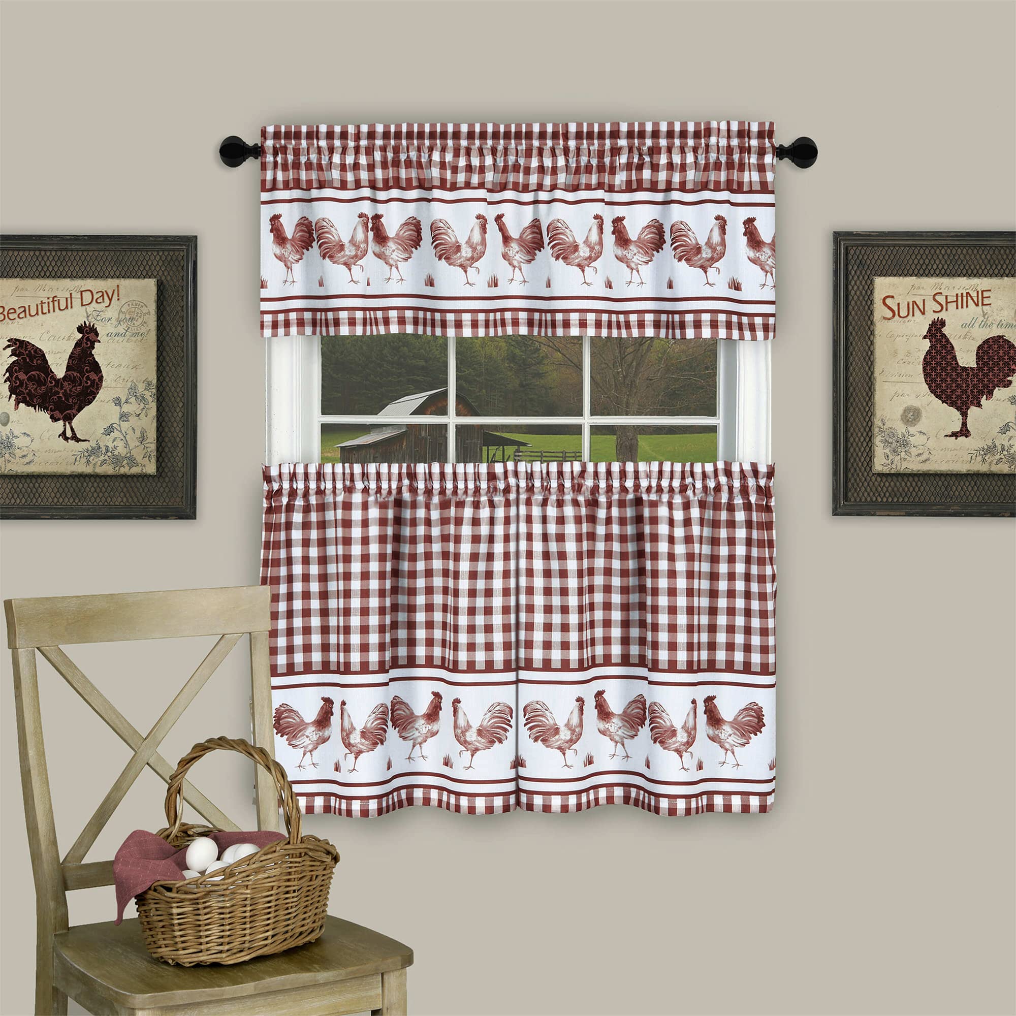 Light Filtering Printed Tier & Valance Window Curtain Set - 58 Inch Length, 36 Inch Width - Barnyard (Burgundy), Machine Washable Drape for Kitchen, Bedroom, Living, & Dining Room by Achim Home Decor