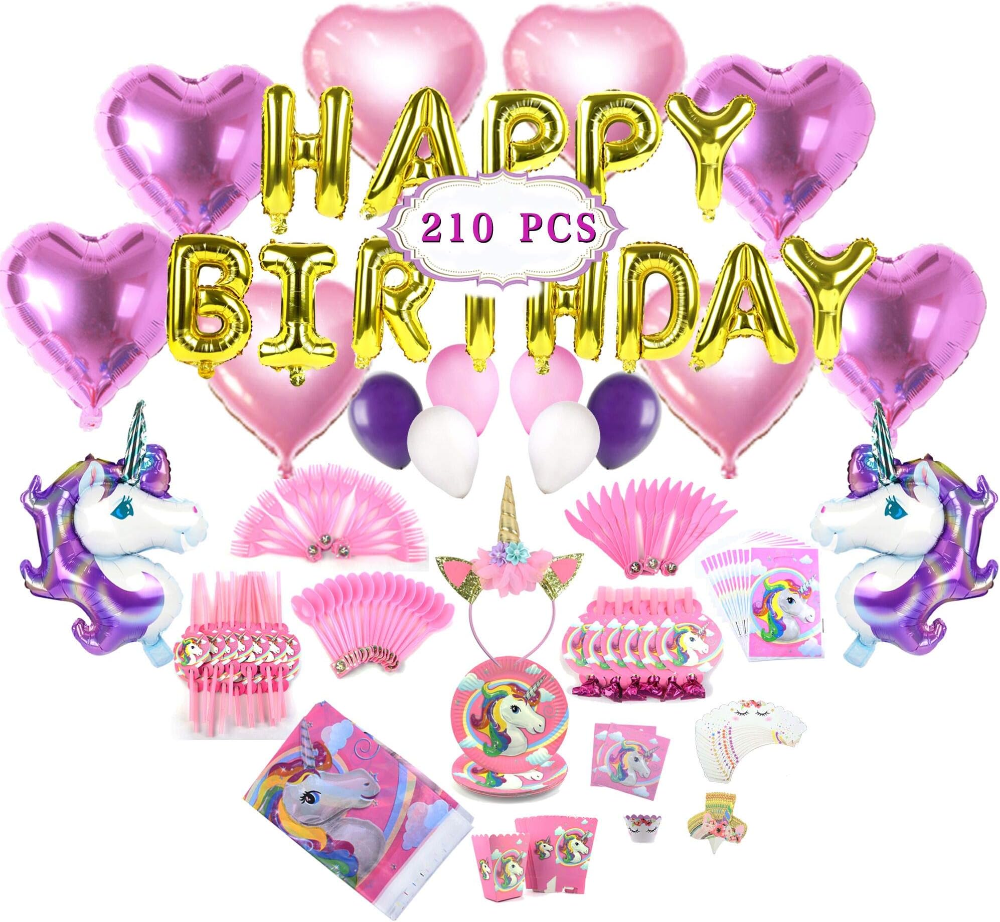 210 PCS Complete Unicorn Party Supplies & Decorations - Glittery Unicorn Headband | 15 Disposable Tableware Sets | 30 Magical Balloons | 24 PCS Unicorn Cupcake Wrappers & Toppers | Party Favors