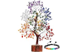 ABHISUBYA Seven Chakra Gemstone Tree Feng Shui Figurine Money Bonsai Good Luck Reiki Healing Crystals Balancing Decoration Ornament Sculpture Wealth Prosperity Table Room Decor Gift Size 10-12"