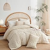 Nayoroom Boho Comforter Set Queen Size Beige Tufted Rainbow Textured Comforter, 3 Pcs Farmhouse Shabby Chic Aesthetic Bedding, Soft Microfiber Bed Set for All Seasons (1 Comforter, 2 Pillow Shams)