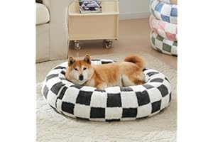 Ohocut Checkered Dog Bed, Cute Black White Retro Style Aesthetic Round Warming Pet Calming Beds for Small Dog and Cats, Plush Cozy Donut Dog Beds Washable, 30" L x 30" W x 8" Th