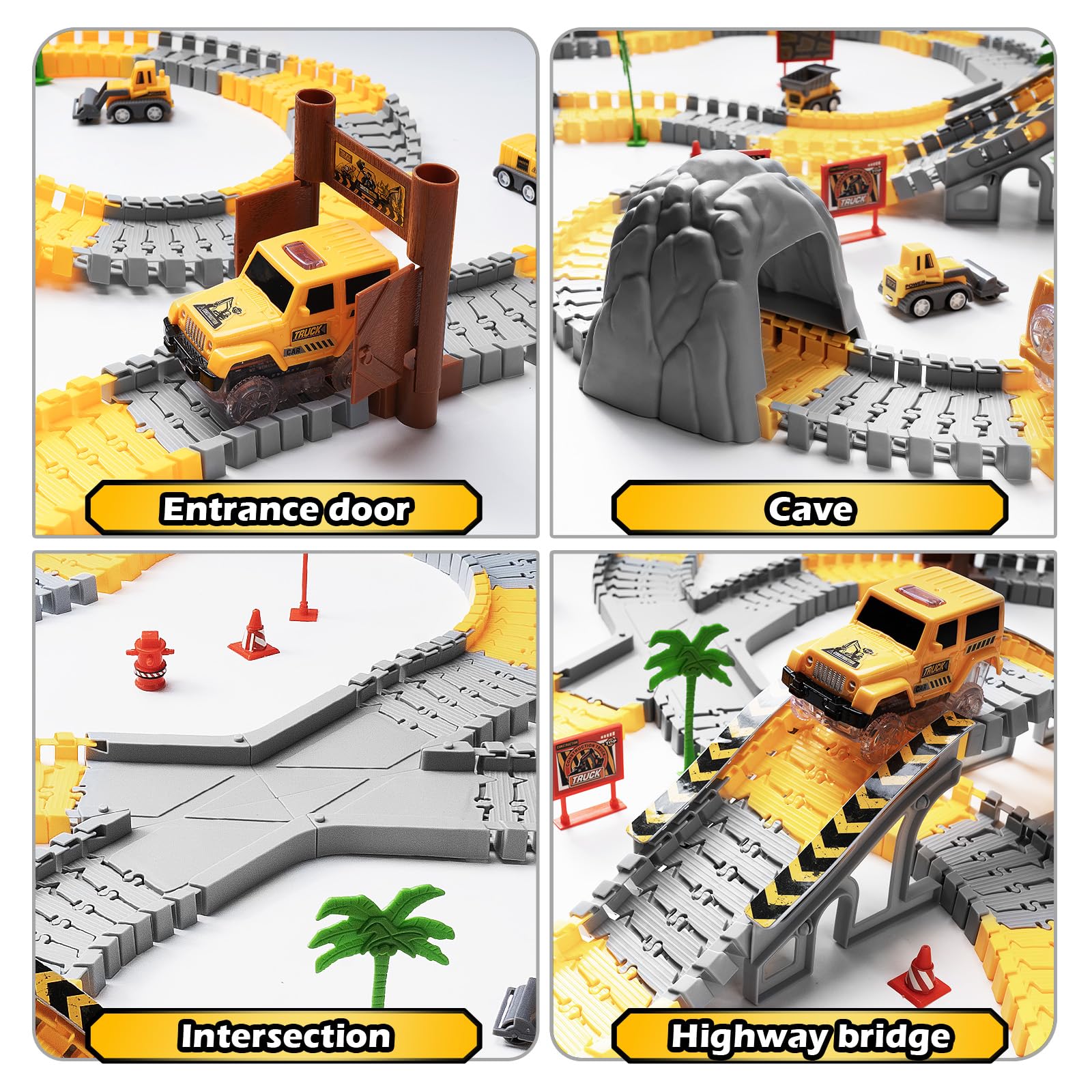 264 PCS Construction Race Tracks for Kids Toys, Glow in The Dark Magic Toy Set, 2 Light Up Cars Track, 3 Construction Cars, Flexible DIY Track Set, Birthday Gift for Age 3-9 Boys Toddler Girls