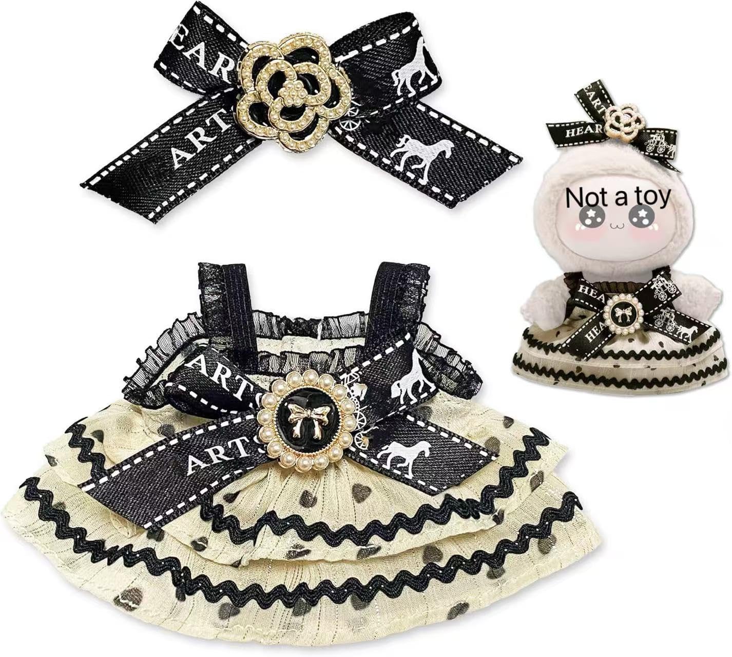 Photo 1 of 17cm Mini Doll Clothes – Cream Dress with Black Ribbon Layers & Rhinestone Bow Accent | Collectible Outfit Set for Mini Plush Dolls (No Doll Included)