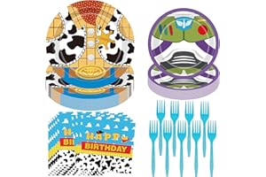 CAGCTKZ Toy Inspired Story Birthday Party Supplies 96pcs Cartoon Story Birthday Party Decorations Cartoon Story Plates and Napkins forks Blue Cloud Cow Print Party Supplies for Kids 1st 2nd 3rd 4th Party