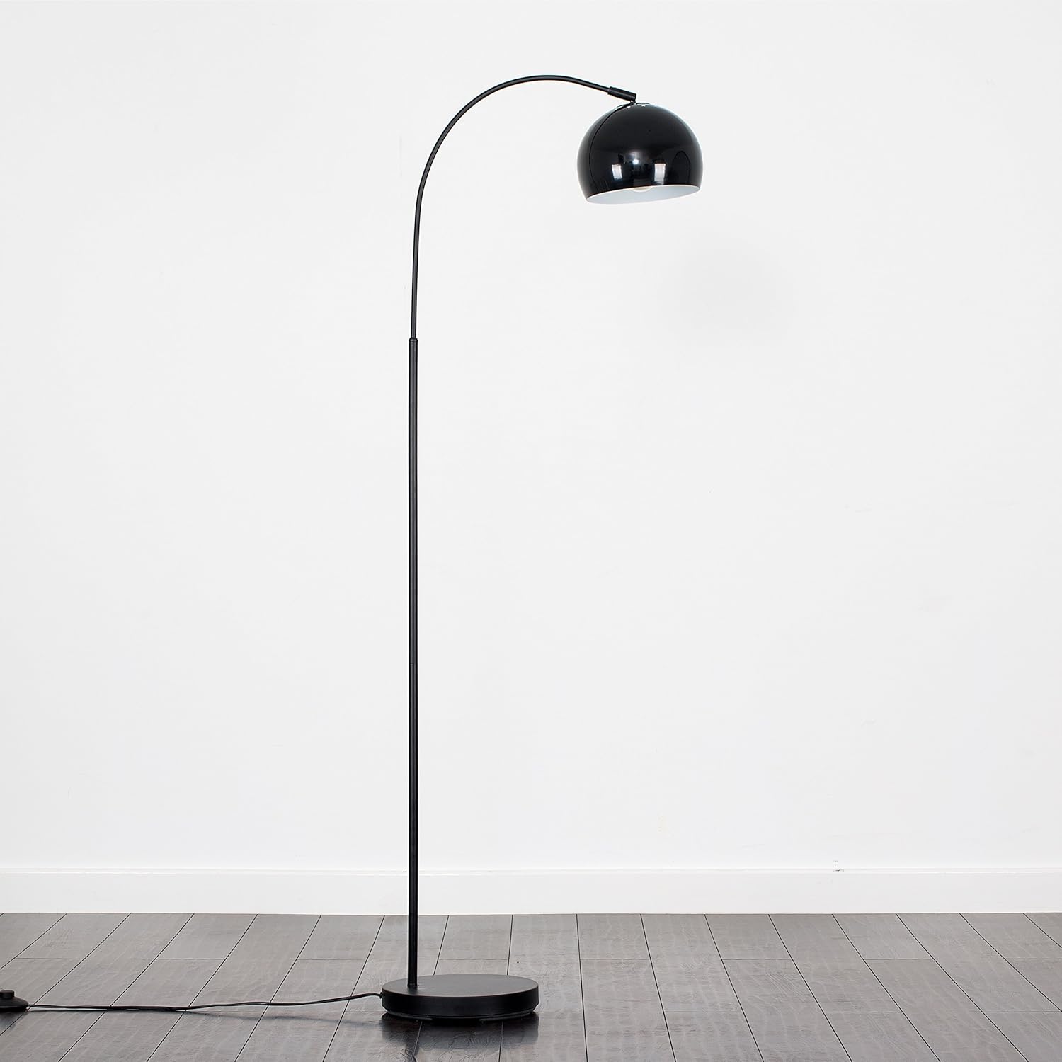 Modern Designer Style Black Curved Stem Floor Lamp with a Gloss Black