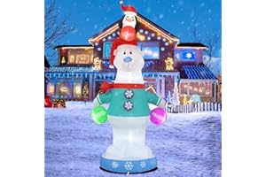 InfleasJoiy 10FT Penguin Standing on Polar Bear Head Christmas Inflatable Decoration with LED Lights and Kaleidoscope Lights for Holiday Celebration Decorations on Yards, Lawns and Patios
