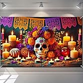 BlissYard Day of the Dead Banner Halloween Backdrop Banner Colorful Skull Floral Flowers Design for Dia de los Muertos Halloween Decorations 71x43 Inches Vibrant Marigolds Purple Florals