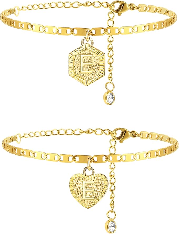 Jstyle 2Pcs Heart Hexagon Initial Ankle Bracelets for Women Girl