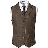 JEMITOP Men's Vintage Slim Fit Suit Vest Formal Prom Party Herringbone Pattern Waistcoat with Chain Detail