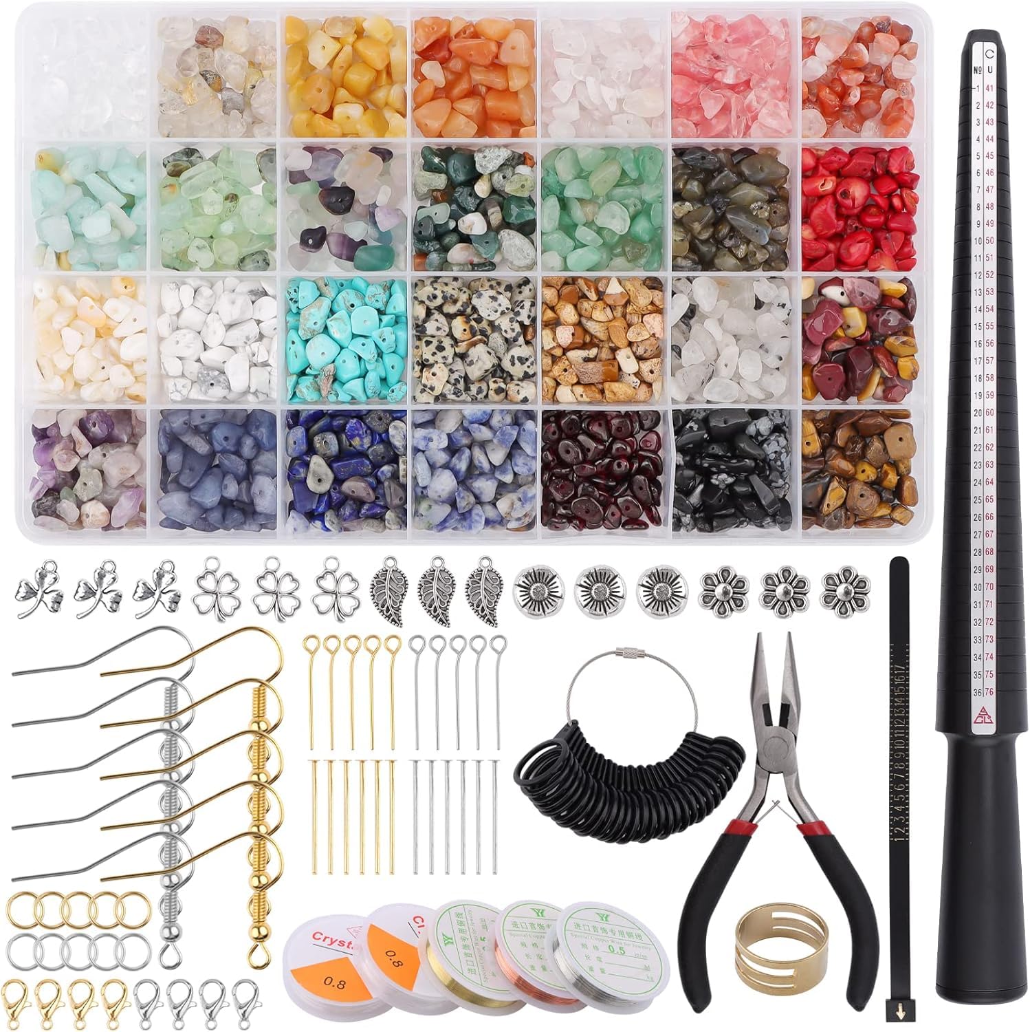 Kalolary 1700+ Jewelry Making Kit with Crystal Beads, 28 Colors Natural Crystal Stone Ring Making Kit with Pendant Wire, Pliers, Lobster Clasp Hooks for Necklace Earring Bracelet DIY Supplies