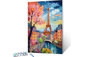 TUMOVO Colorful Cityscape Paint by Number Landmark Eiffel Tower DIY Acrylic Oil Painting Landscape Digital Pictures Kit for Kids Adults Beginner Arts Craft Cherry Flowes Blossom Paintwork(16x20 Inch)