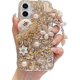 iFiLOVE for iPhone 16 Bling Diamond Case, 3D Luxury Sparkle Glitter Crystal Rhinestone Butterfly Flower Pendant Charm Case Cover for Girls Women Kids (Champagne)