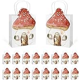Sweetude 18 Pcs Mushroom Gift Bags with Handles Fairy Party Favors Woodland Mushroom Fairy Goodie Candy Treat Paper Bag for Kids Girls Baby Shower Birthday Party