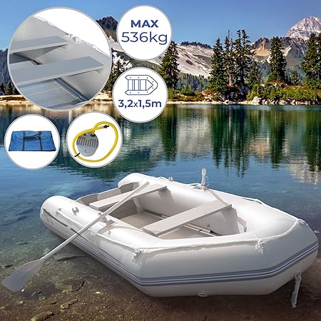 Schlauchboot für 4 Personen | 320 x 152 cm, mit 2 Alupaddel, Fußluftpumpe, bis 536 kg, mit Aluboden, für 4 Erwachsene und eve