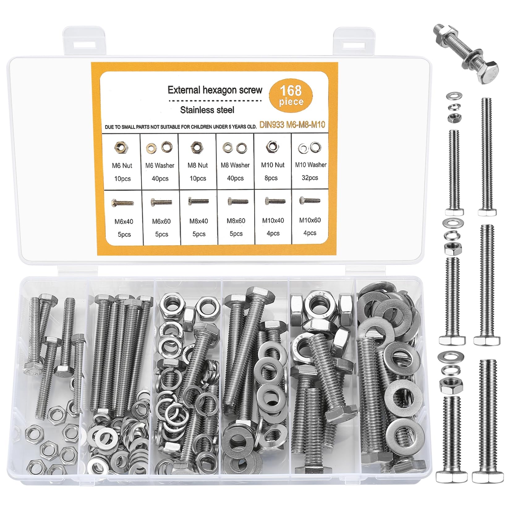 168-Piece Hexagonal Bolts, Nuts & Washers Set, Stainless Steel Hex Screws, M6/M8/M10 Nuts & Flat Washers Set, Full Thread Machine Screws, Threaded Screws(168 silver) โ image 1
