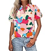 MASCOMODA Boho Short Sleeve Floral Work Blouses for Women Dressy Casual V Neck Puff Sleeve Loose Chiffon Flowy Tops Shirts
