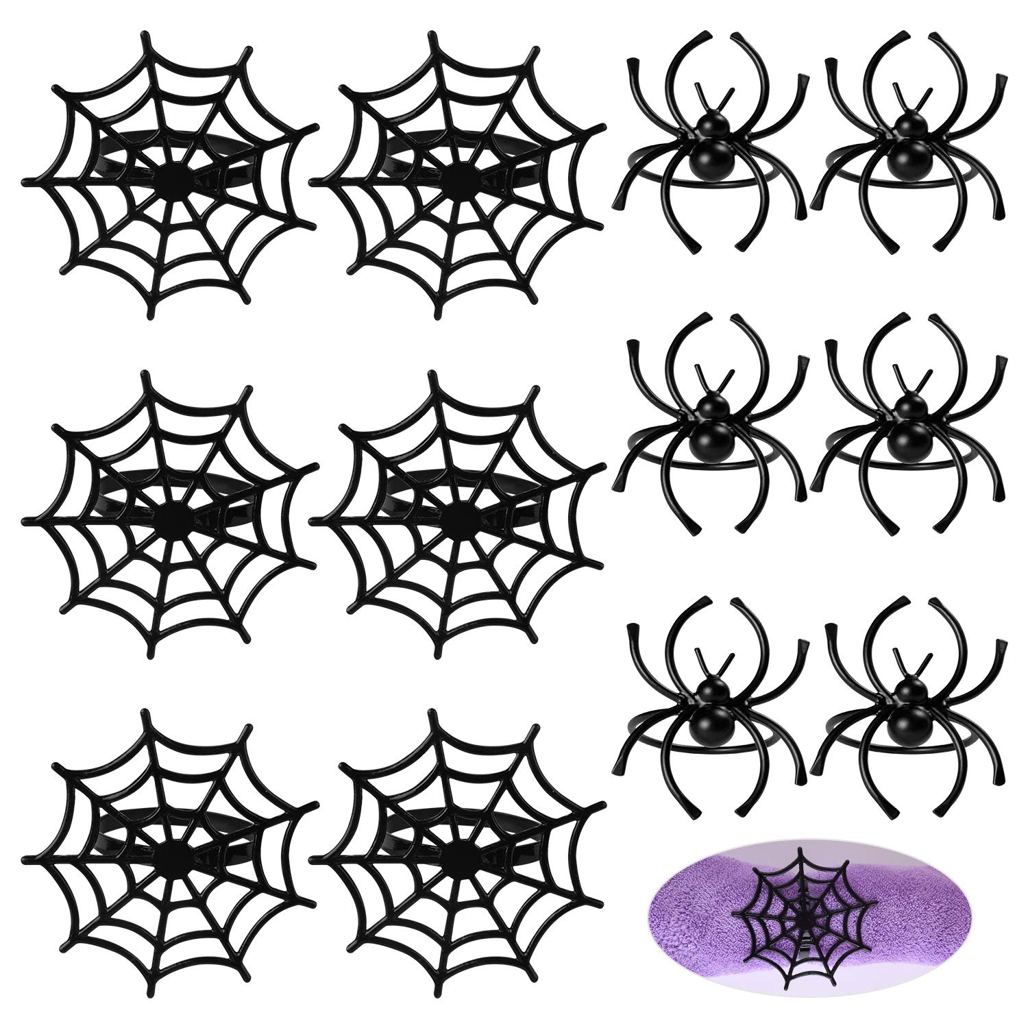 FEPITO 12 Pcs Halloween Napkin Rings, Black Spider Napkin Holder Spider Web Napkin Holder for Halloween Party Table Decorations, Ghost Themed Parties