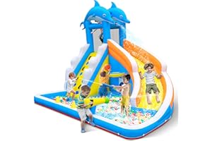 TOAOB Inflatable Water Slide,5 in 1 Dolphin Inflatable Bounce House for Kids- Climbing Wall Splash Pool Water Cannon Basketball Rim - 480W Blower - for Indoor Outdoor Backyard Birthday Party