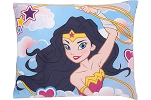 Everything Kids Wonder Woman Blue, Pink, & White Clouds & Hearts Plush Decorative Toddler Throw Pillow, Blue, Pink, Yellow, W