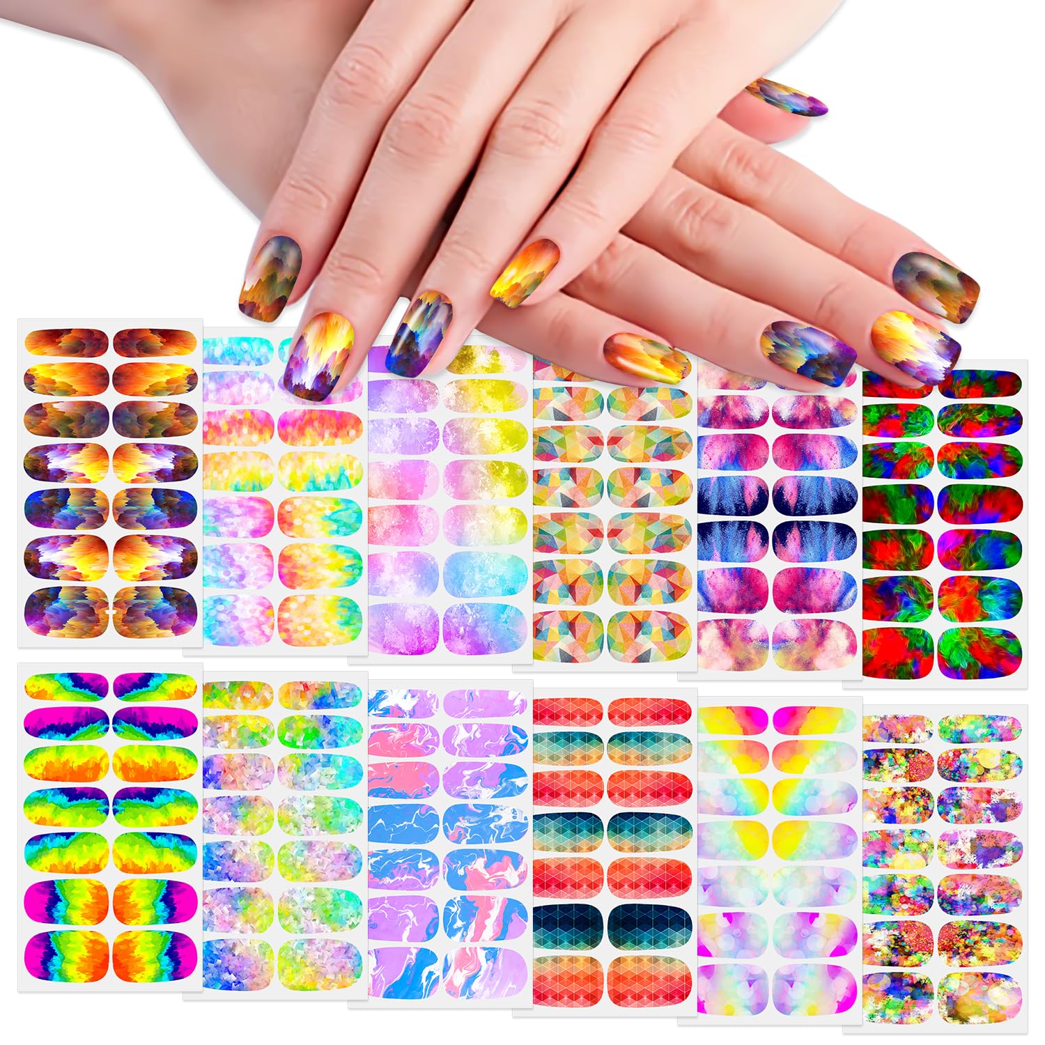 WOKOTO 12 Sheets Graffiti Nail Polish Stickers Full Wraps for Women Aurora Gradient Gel Nail Polish Strips for Women Girls Gel Nail Stickers Mix Color Stick On Nails