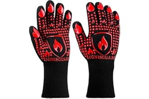 IGNISGUARD BBQ & Grill Gloves, Oven Gloves, 1472°F Silicone Oven Mitts Heat Resistant Grilling Gloves Fireproof Non-Slip for Barbecue Cooking Baking Smoking, 1-Pair Red（L）