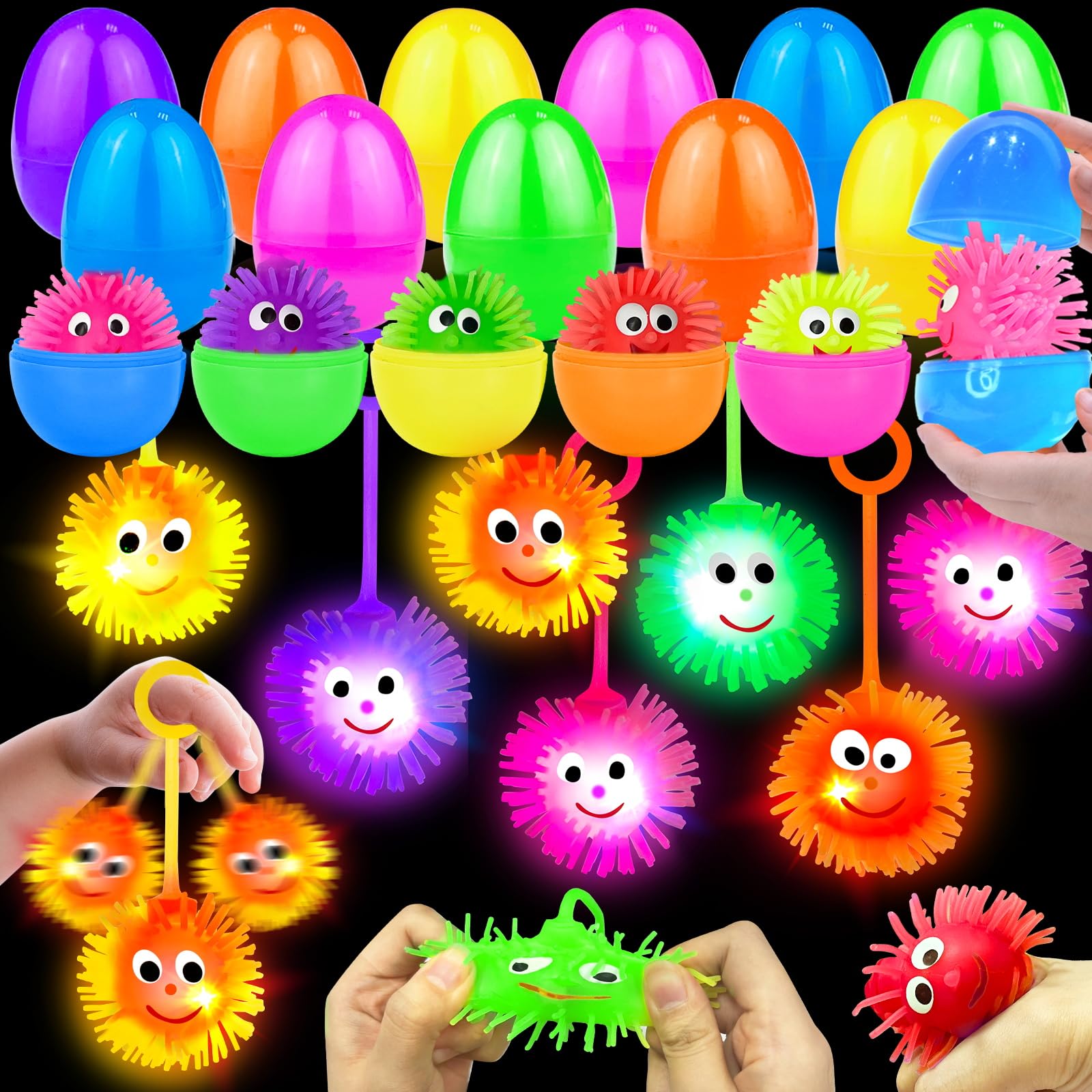 24 Pack Prefilled Easter Eggs with Toys ,Light Up Puffer Balls Stress Relief Fidget Toys Easter Basket Stuffers Fillers Squeeze Sensory Glow Dark Surprise Easter Hunt Kids Boys Girls Gift Party Favors