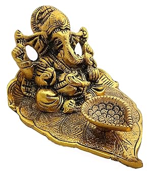Klip2Deal Metal Lord Ganesha On Trunk Ganesh, Ganesha on Leaf - Ganesh with Diya - Lord Ganesha Metal Hand Craved for Home Decorative Gift Puja Diwali Gift Size : 11 X 9.5 X 7 cm