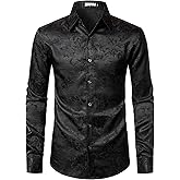 ZEROYAA Men's Luxury Jacquard Long Sleeve Dress Shirt Shiny Satin Slik Like Wedding Party Prom Shirts