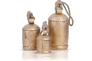 Krati Exports 3 Pc Giant Harmony Cow Bells Rustic Handmade Decorative Vintage Hanging Bells with Jute Rope (Gold Rustic, Large)