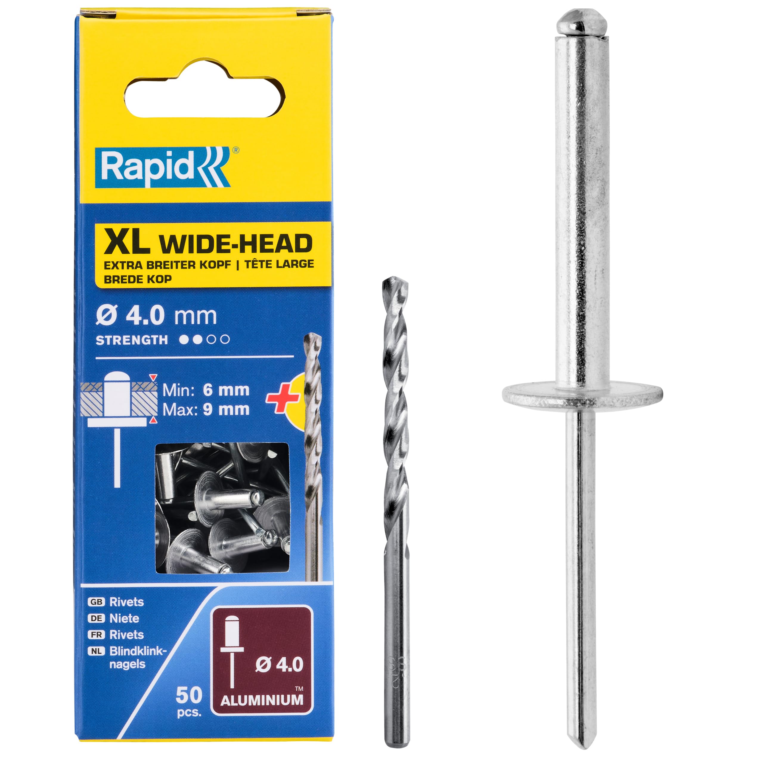 Rapid XL Rivets Including Drill Bit, Ø4 x 12 mm, Pack of 50, 5000661
