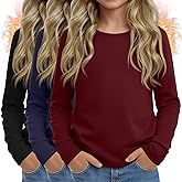 LessonZoo 3 Pack Girls Kids Thermal Long Sleeve Shirts Crew Neck Tops Fleece Lined Undershirt Winter Base Layer Basic Tees