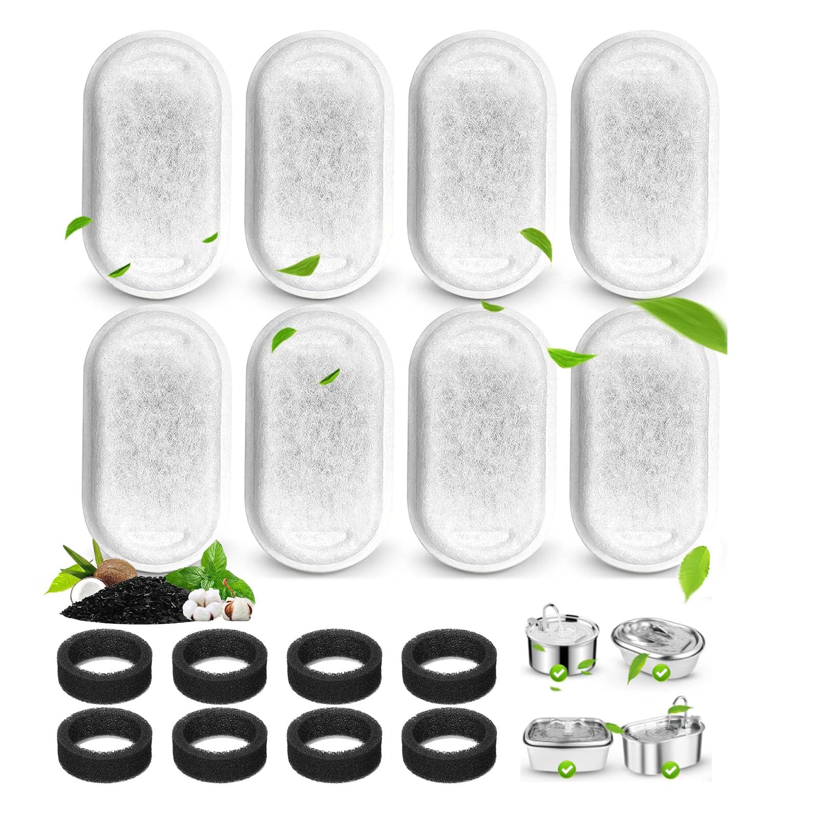 DuDuZui 16PCS Cat Water Fountain Filters, 8 Pack Cat Fountain Filter Replacement with 8 Sponges, for 2L/67oz & 3.2L/108 oz Stainless Steel Pet Water Dispenser