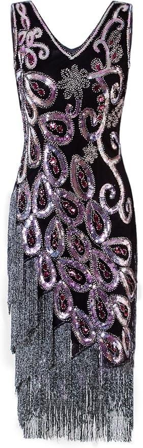 Vijiv Women's Vintage 1920s Style Peacock Sequin Roaring 20s Gatsby Party Flapper Dress: Amazon 