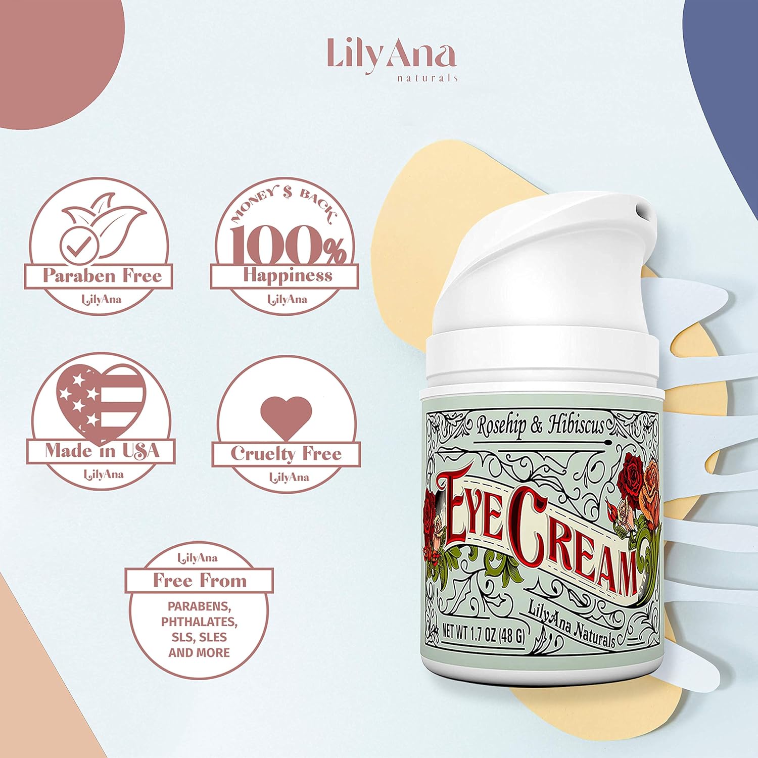 Eye Cream - Eye Cream for Dark Circles and Puffiness, Under Eye Cream, Anti Aging Eye Cream Reduce Fine Lines and Wrinkles, Rosehip and Hibiscus Botanicals - 1.7oz: Beauty