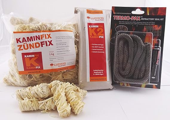 6mm Dichtschnur Kamin- und Ofendichtschnur + 0,75kg Feuerfester Mörtel, Schamottmörtel, Kaminmörtel + 1kg Grillanzünder Feuer