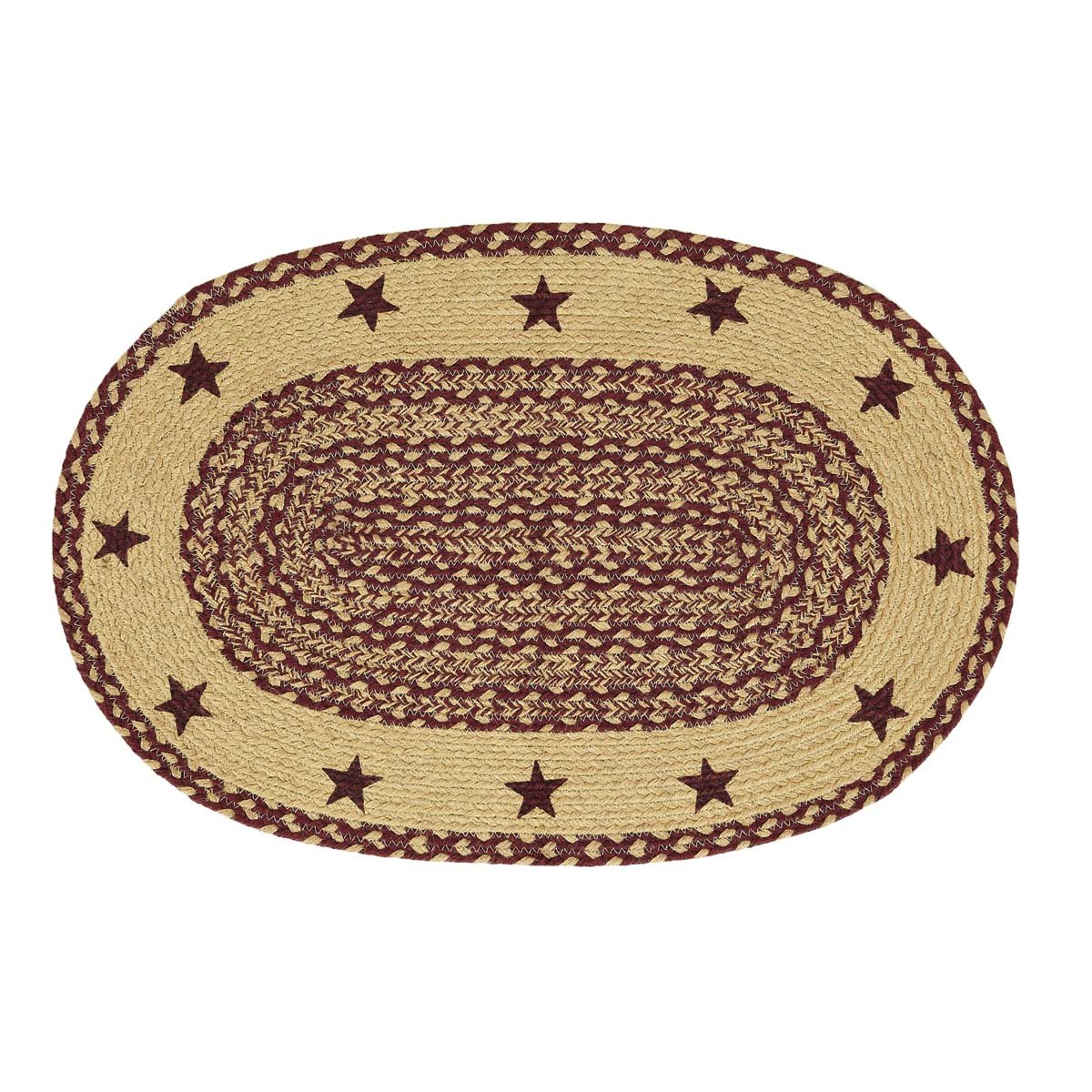 VHC Brands Classic Country Primitive Flooring - Burgundy Tan Jute Red Stenciled Stars Oval Rug, 1'8" x 2'6"