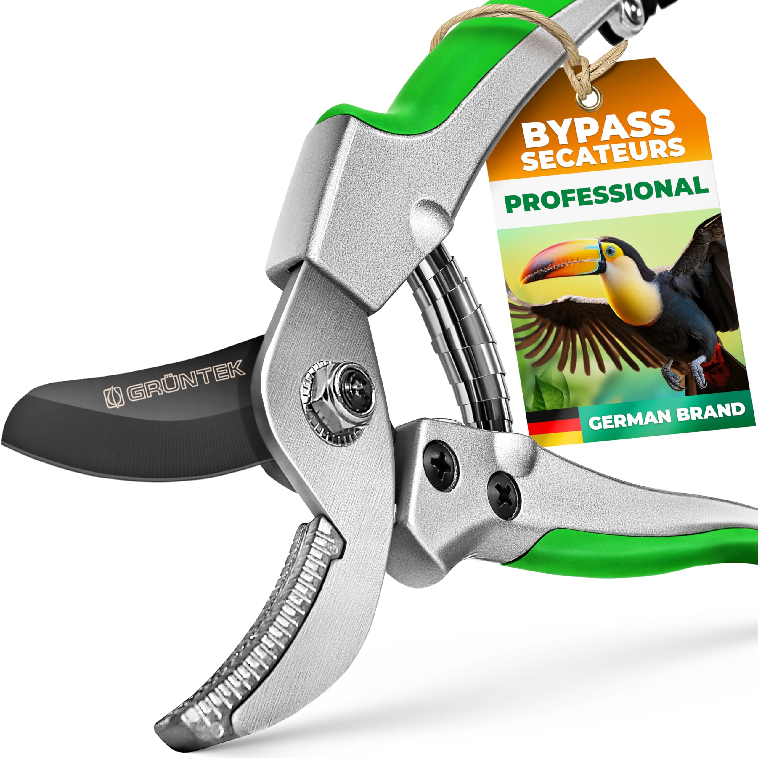GRÜNTEK Anvil Secateurs Toucans 195mm, NEW Version with Metal Anvil, Pruner with Blade Made of Japanese SK5 Steel, Garden Pruning Shears with Alu Soft-Touch Grips