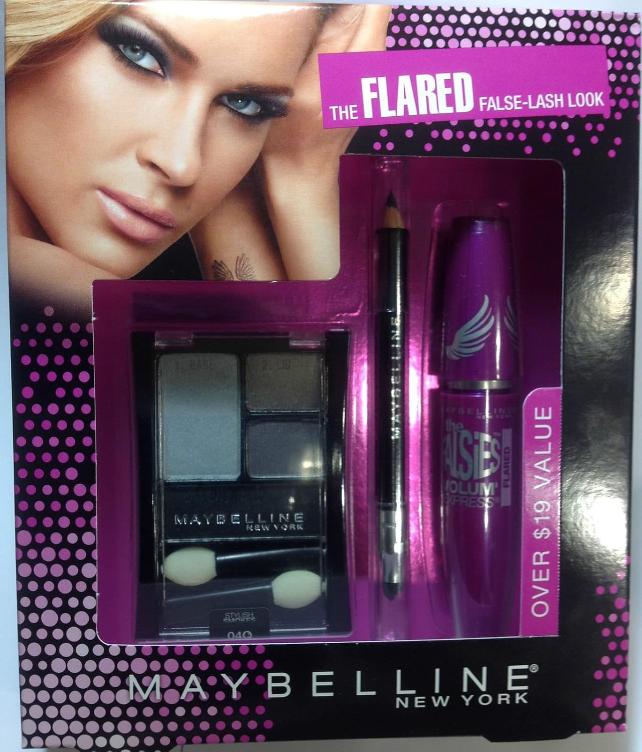 Maybelline Flared False-lash Look the Falsies Mascara Very Black + Line Express Eyeiner Ebony Black + Expert Wear Quad Eyeshadow Charcoal Smokes.