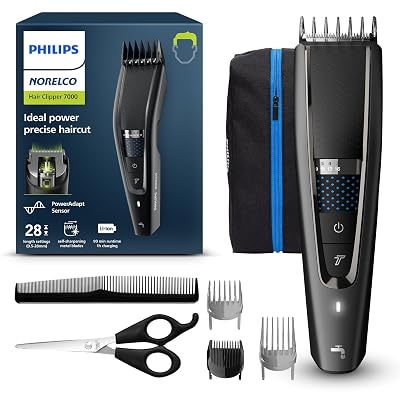 Norelco Philips Hair Clipper 7000 Series, Hair and Beard Trimmer, Precision Dial, PowerAdapt Sensor, Trim-and-Flow, DualCut, DuraPower, 28 Length Settings, 90 Min. Runtime, Model HC7650/40