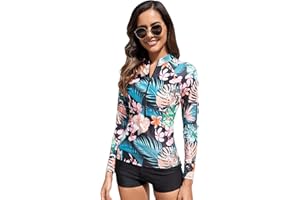 Tesuwel Womens 2 Piece Rash Guard Swimsuit UPF 50+ Zip Swim Shirt and Shorts Long Sleeve Bathing Suits with Build in Bra