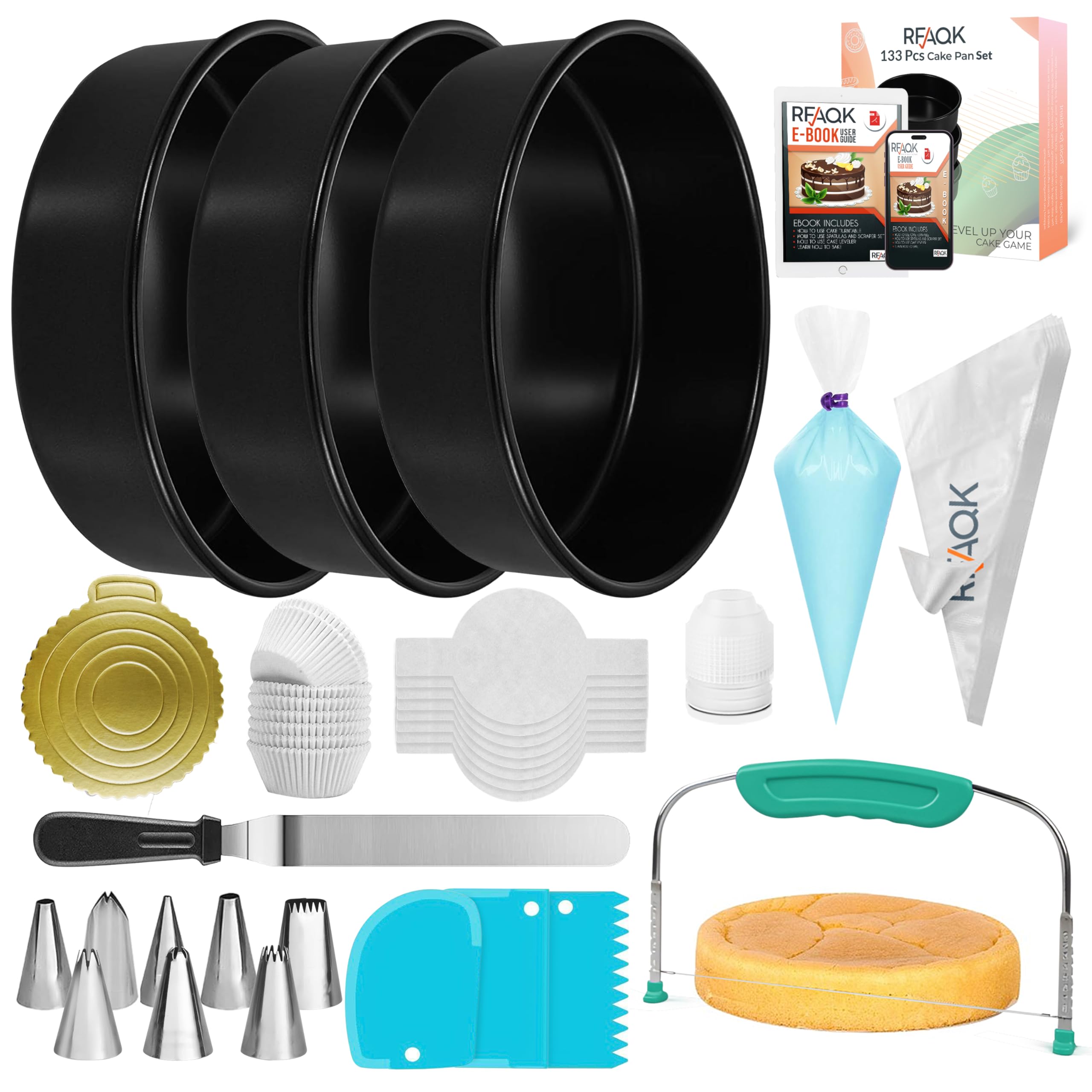 RFAQK 133PCs Round Cake Tins for Baking | Baking Tins Non Stick - 8 inch Cake Tin (x3) with Baking Accessories, Piping Nozzles, Cake Leveler, Icing Spatula, 35 Parchment Papers & eBook