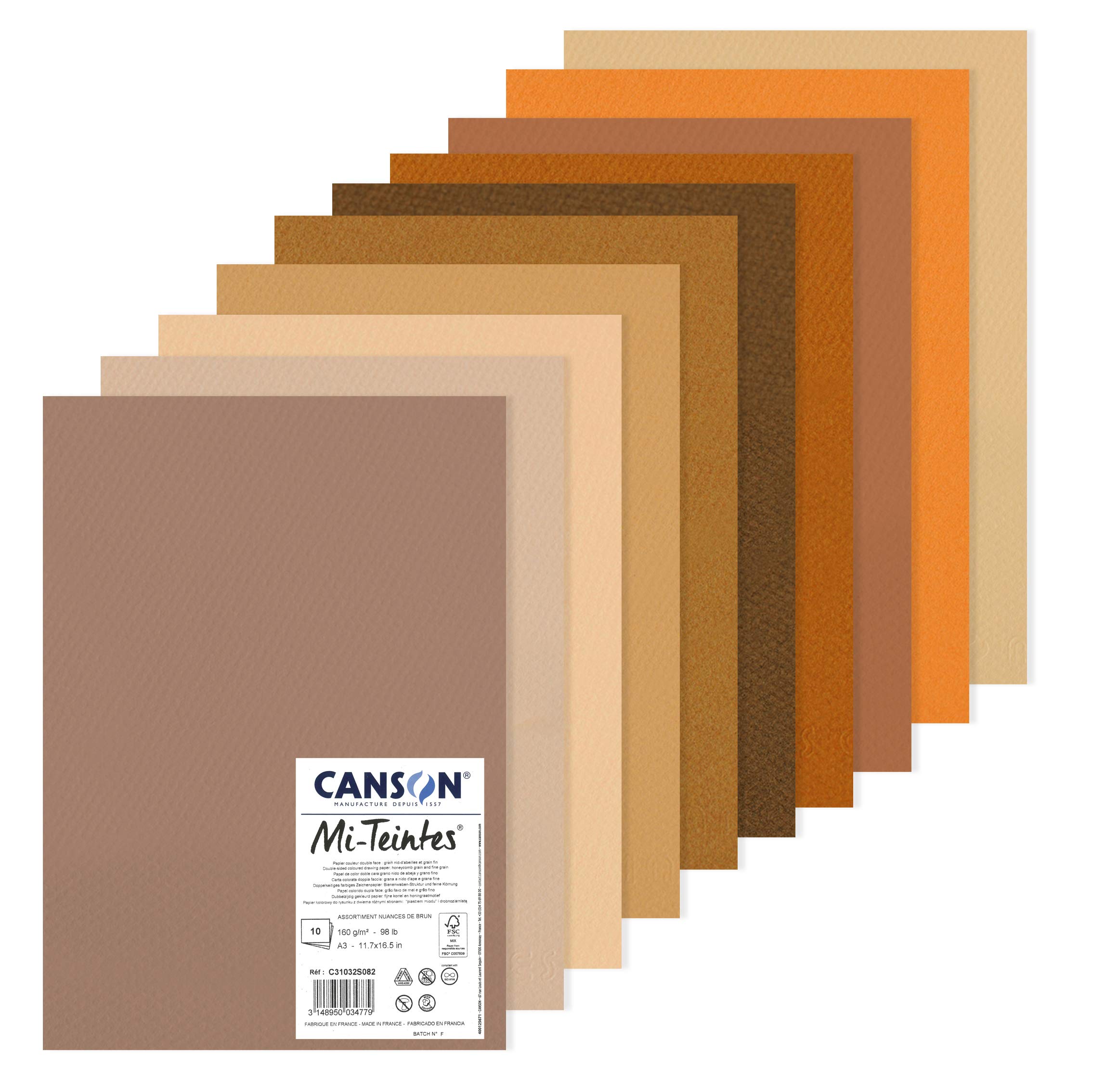 CANSON Mi-Teintes Coloured Drawing 160gsm A3 Paper Pack, Double Sided: Honeycomb & Fine Grain, 10 Brown Tones Sheets, For Professional Artists & Illustrators