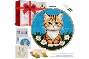 Eflin Punch Needle Kits Adults Beginner - Needlepoint Kits for Adults, Cute Cat & Daisy Pattern, Natural Bamboo Hoop, Yarns, Tools, Craft Kits for Beginners, Rare Gift for Crafts, Decors, Festivals