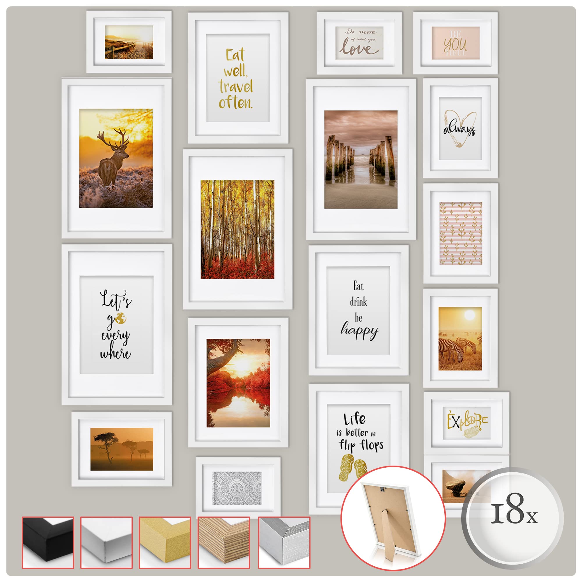 bomoe 18pcs White Picture Frames 6x4 (6x), 7x5 (4x), 9x7 (4x), 12x8 (4x) - Hanging Wooden Photo Frame Wall Collage Set with Passepartout