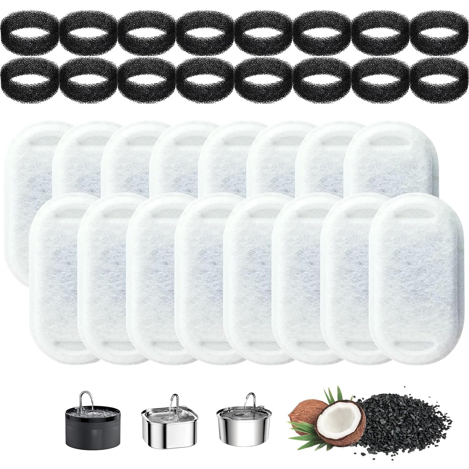 Zuimei 32 Pcs Cat Water Fountain Filters Replacement Pet Fountain Filters 16 x Activated Carbon Filter & 16 x Foam Filter for 3.2L,2L Cat Water Fountains